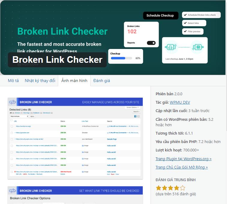 Broken Link Checker thông báo link hỏng.