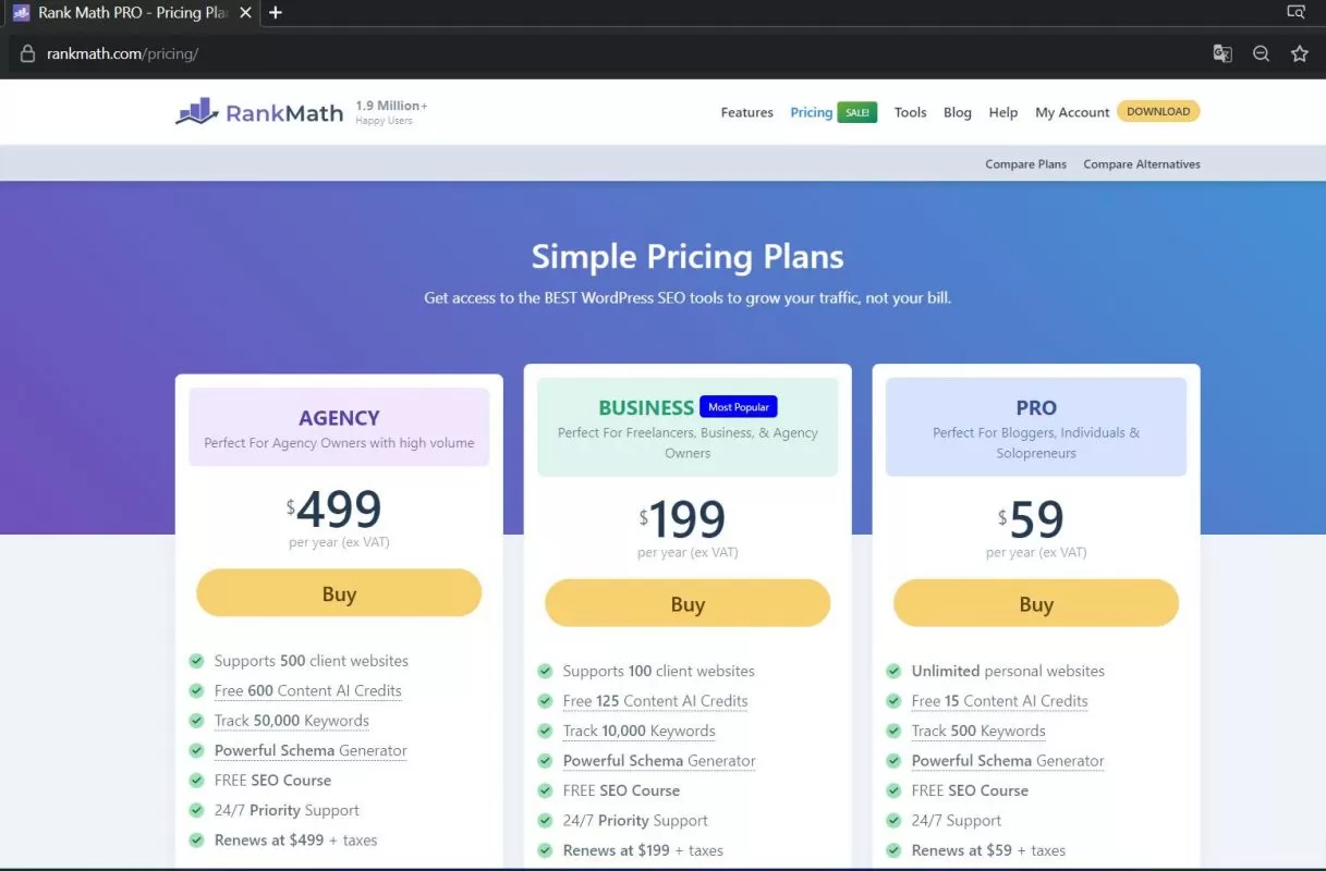 Bảng giá các gói của plugin Rankmath Seo
