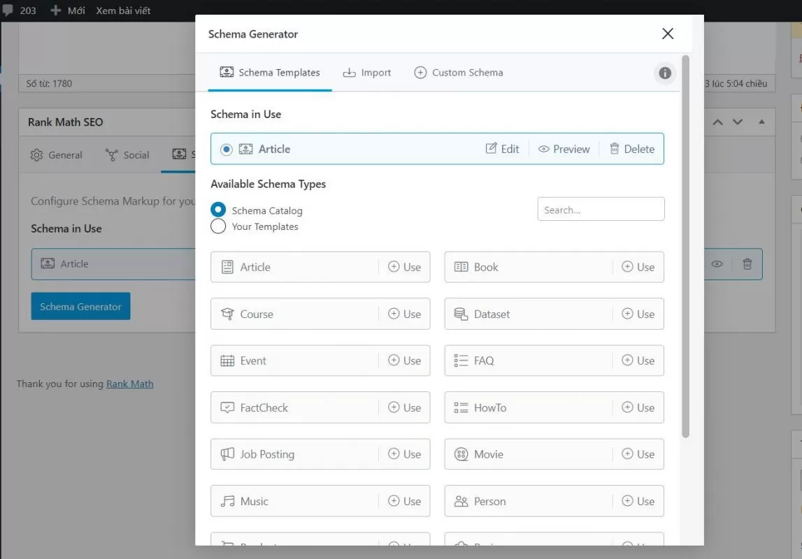 Các Schema được plugin Rankmath Seo có sẵn