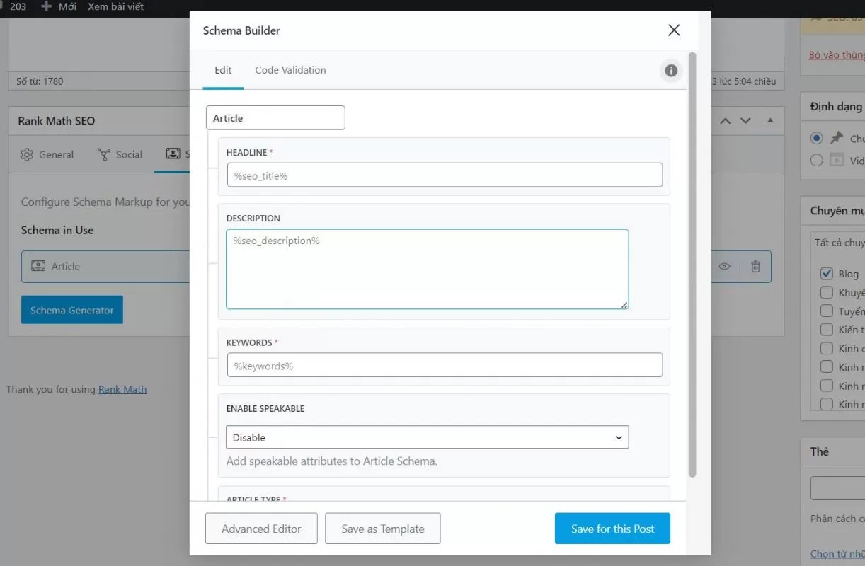 Setup Schema theo trình soạn thảo của Rankmath Seo